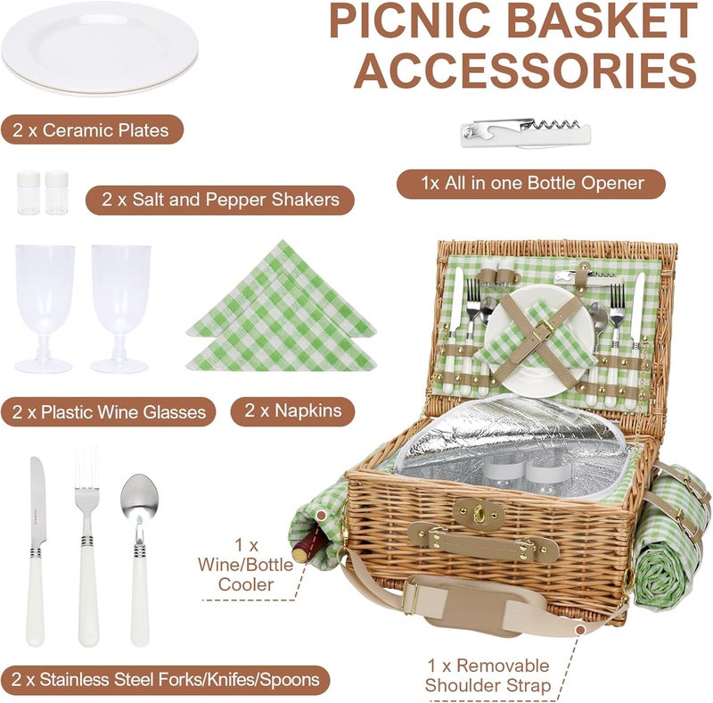 WILLOW WEAVE Picnic Basket for 2, Insulated Willow Picnic Baskets with Shoulder Strap, Picnic Hamper with Waterproof Picnic Blanket, Handmade Wicker Hamper for Outdoor Camping, Green Check - Image 2